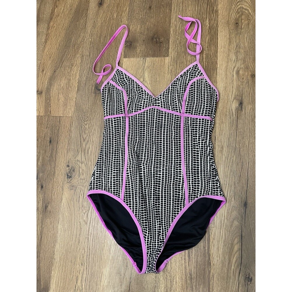 Ivanka Trump Grid Print Swimsuit V-Neck Magenta Contrast Piping Bathing Suit